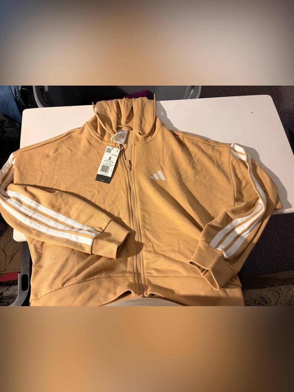 adidas Tan Zip Hoodie with White Stripes